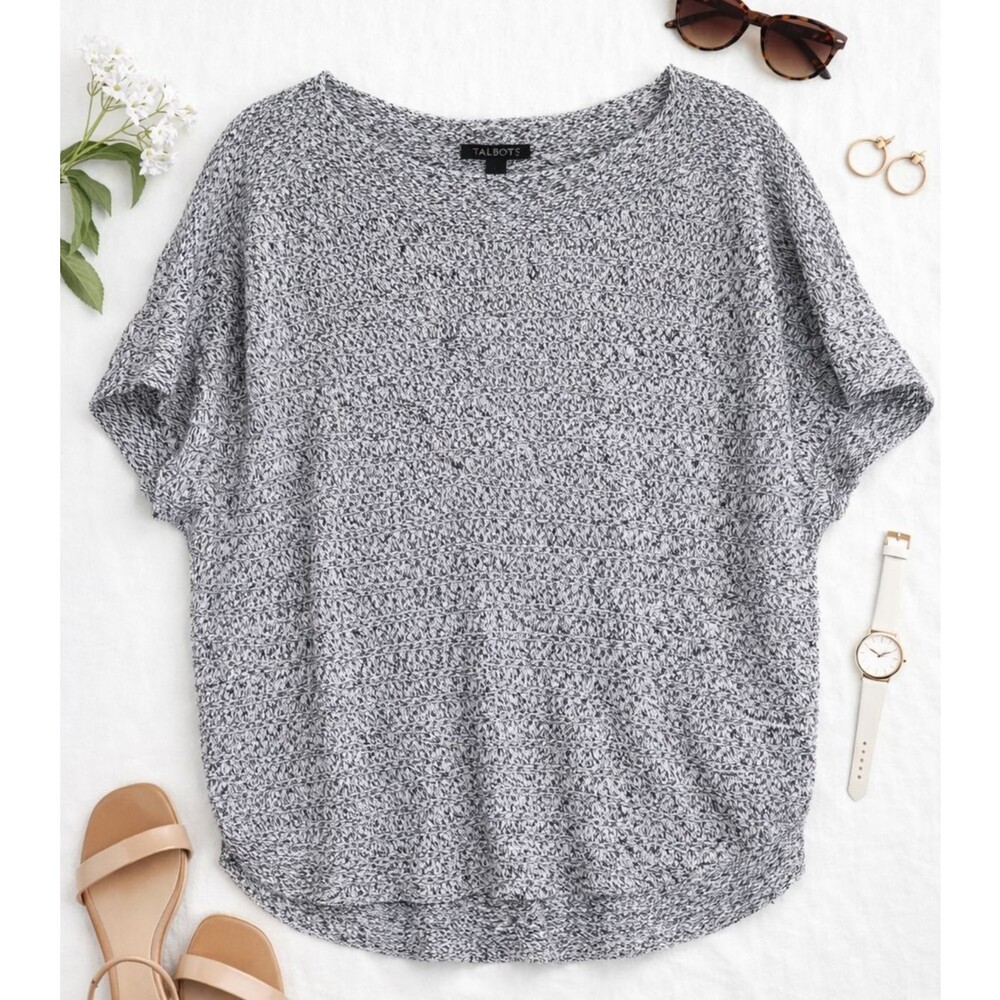 Talbots Linen Sweater Women Gray Marled Short Sleeve Lightweight Knit Top Sz 1X